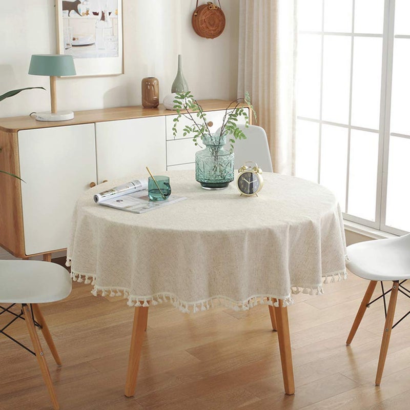 AMZALI Cotton Linen Fabric Tassel Round Tablecloth Dust-Proof Table Cover for Kitchen Dinning Tabletop Home Decoration (60 Inch, Linen) - Image 3